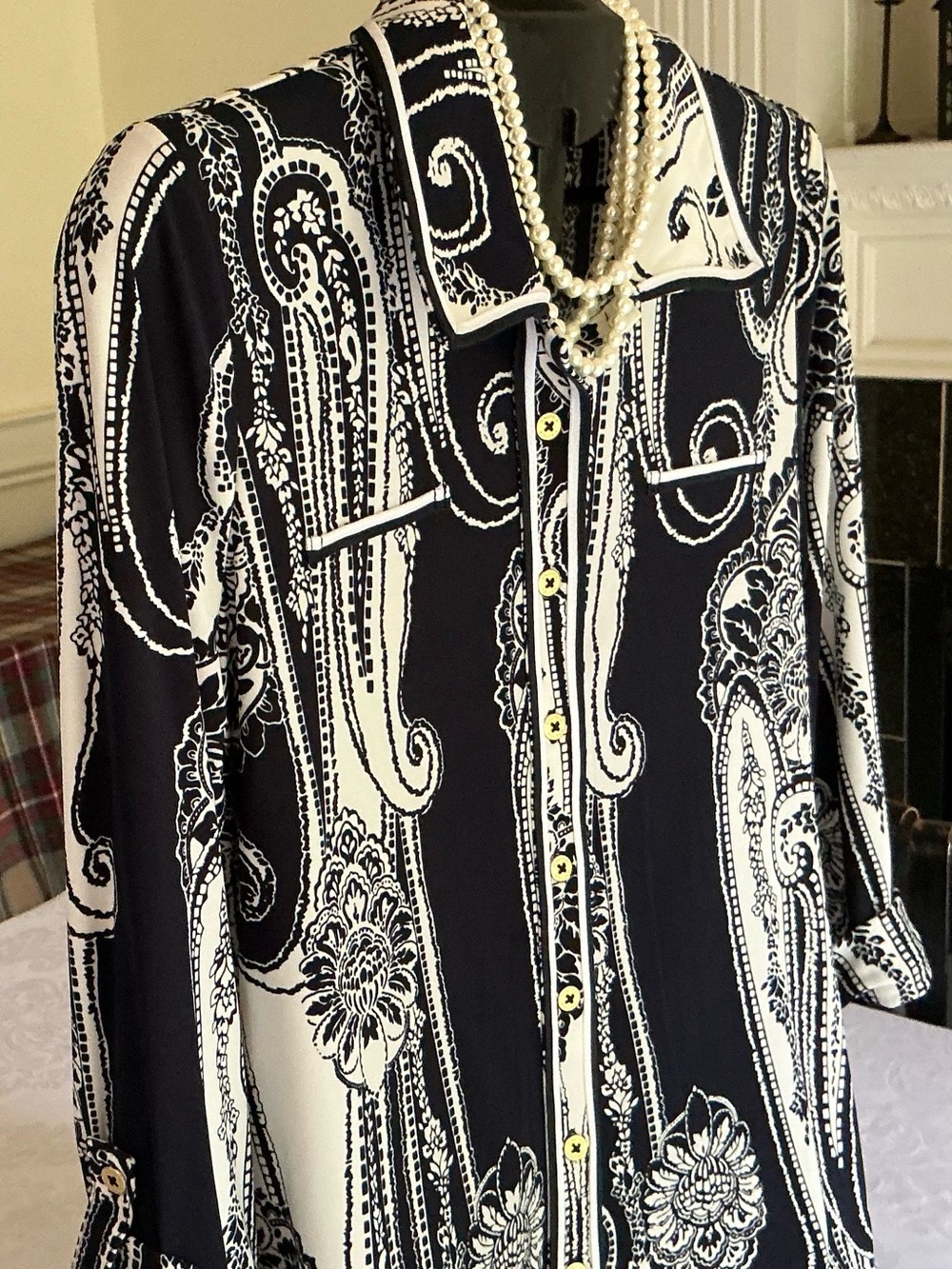 Nautica Navy and White Paisley Button-Down Blouse
